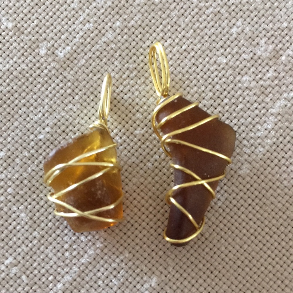 Hand Crafted 2 Pendants Brown Gold Toned